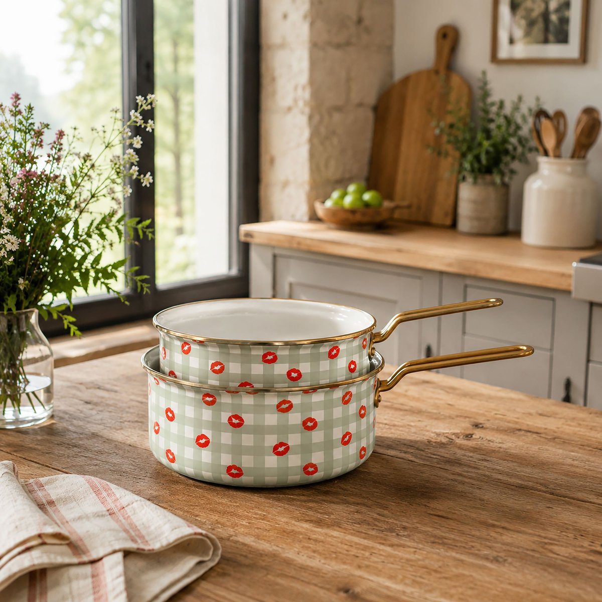 Lot de 2 casseroles 16/18 cm en acier émaillé, VICHY BISOUS vert, MENASTYL