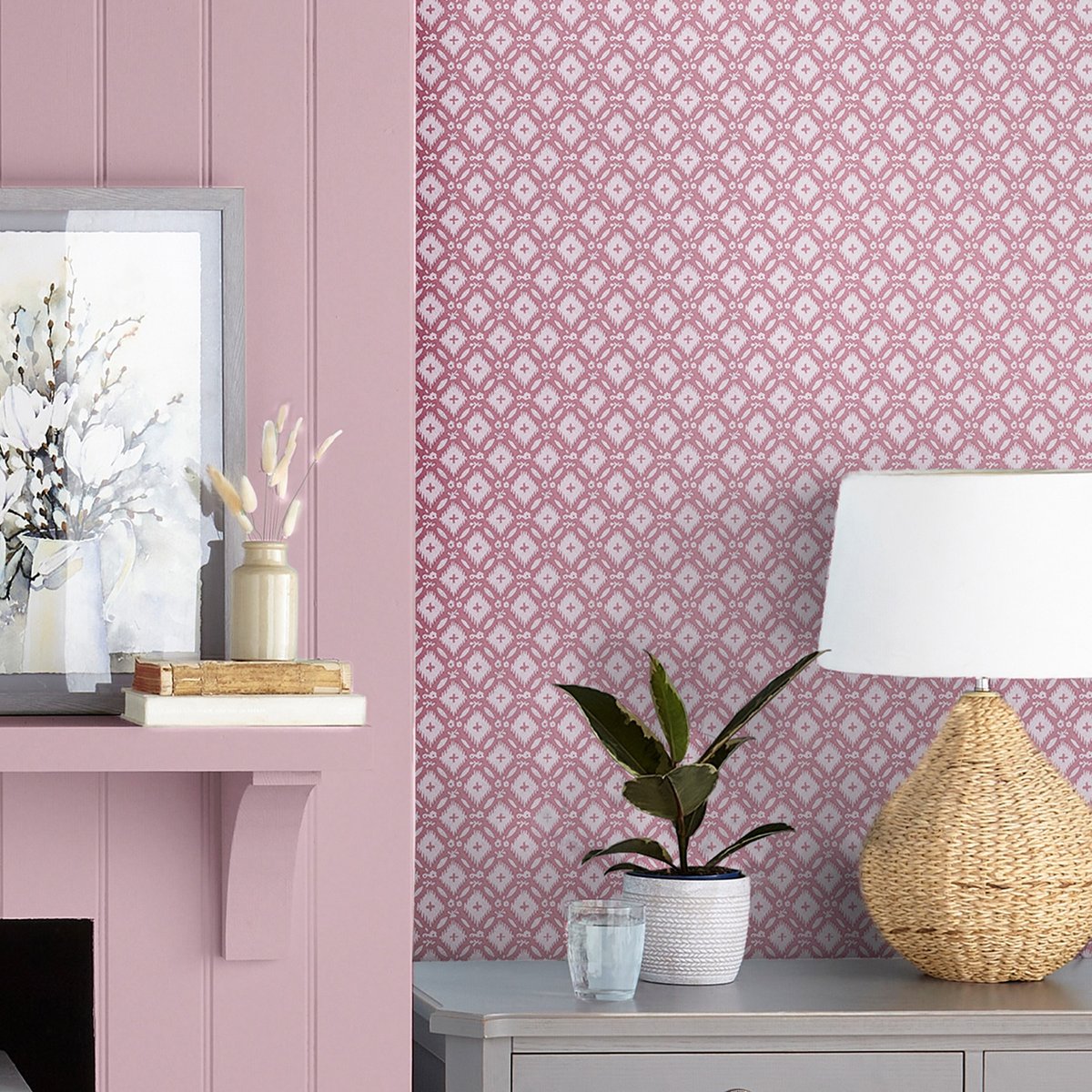Papier peint quadrillage géométrique soutenu Whitebrook rose, LAURA ASHLEY