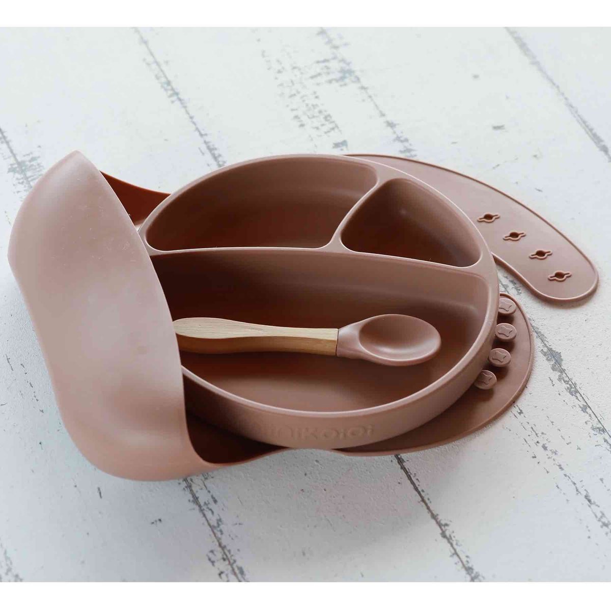 Coffret repas comme un grand, Assiette Cuillère Bavoir caramel, MINIKOIOI