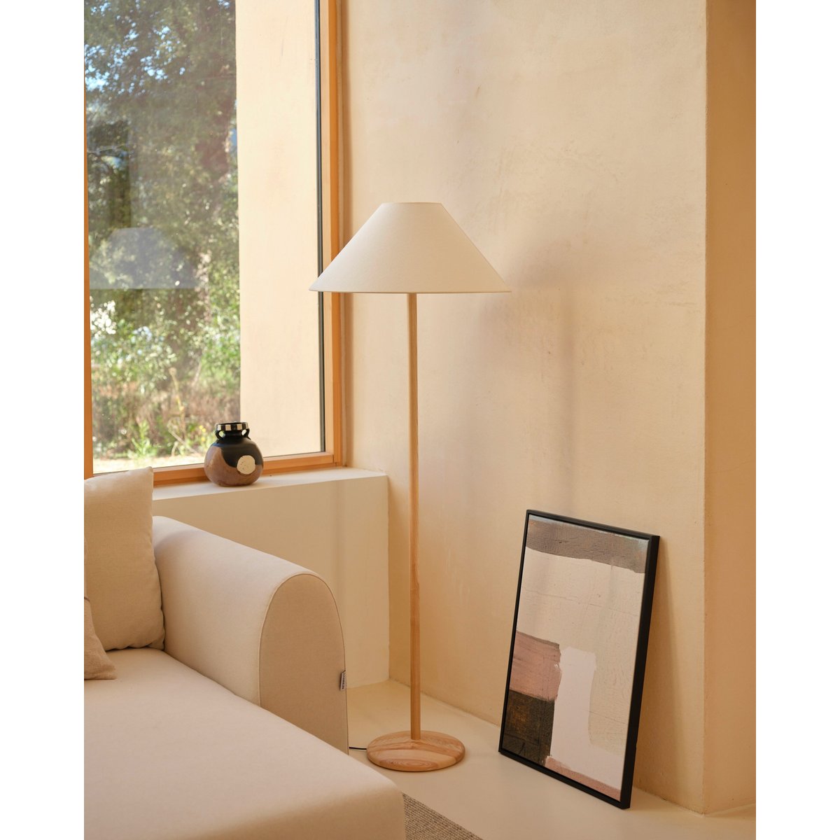 Lampadaire frêne beige abat-jour lin - SERA beige, HANNUN
