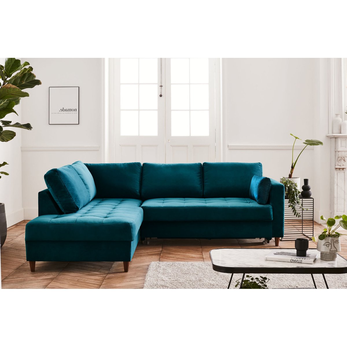 Canapé d'Angle Convertible 5 places - ANNA bleu canard, BEST MOBILIER