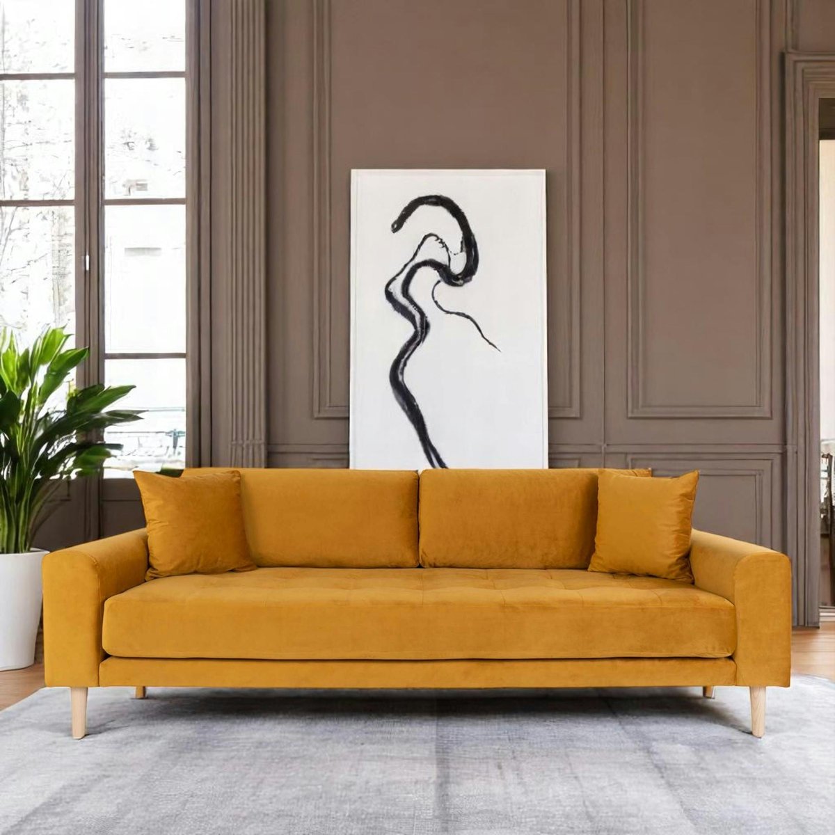 Canapé droit moderne en tissu AMSTERDAM moutarde - 3 places, PIER IMPORT