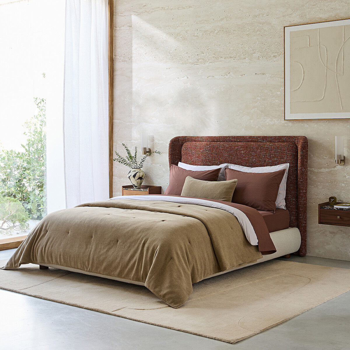 Cabeceira de cama com revestimento em tecido mesclado, Jabote tijolo, AM.PM