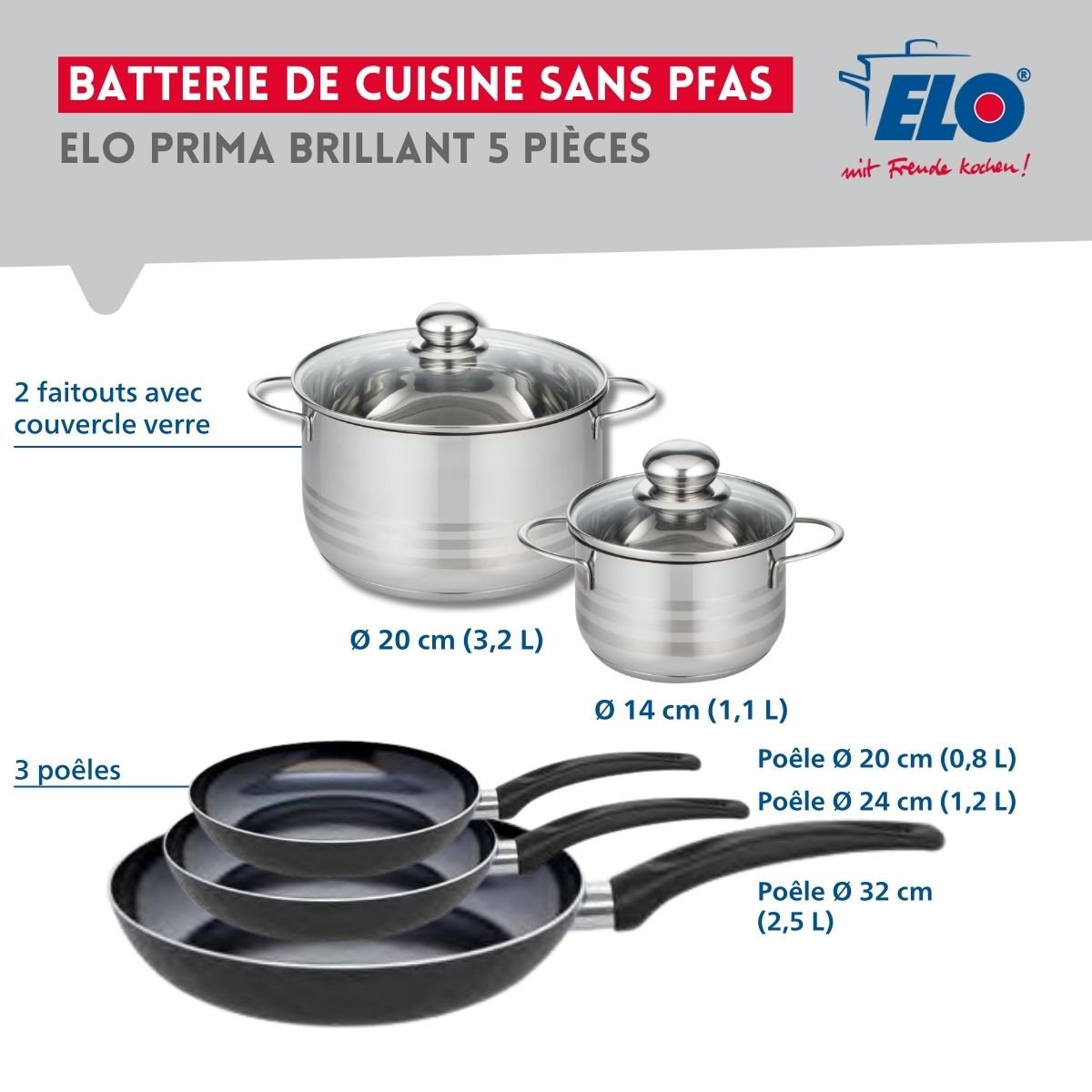 Batterie 3 poêles 20/24/32cm + 2 faitouts 14/20cm PRIMA BRILLANT noir, ELO
