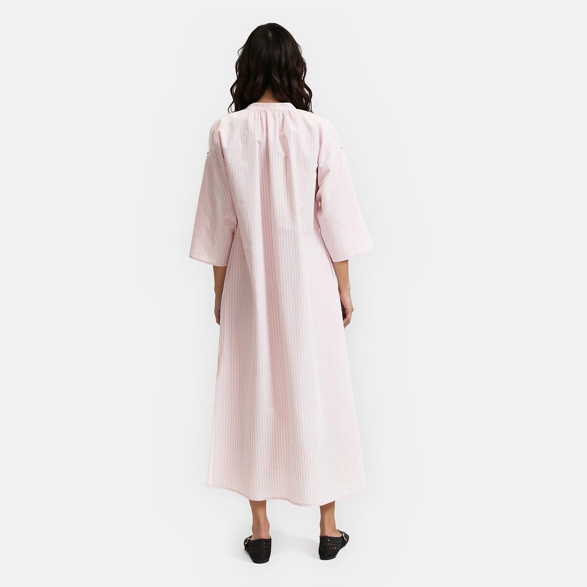 Robe longue rayée en coton lin, manches 3/4 rose rayé, LA REDOUTE COLLECTIONS