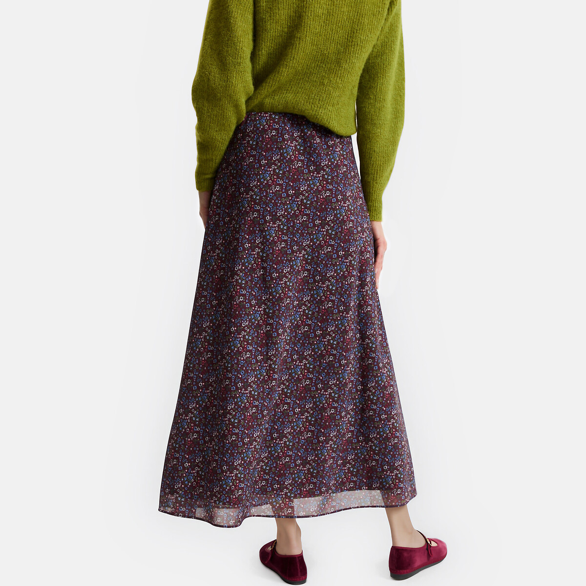 Jupe longue imprimé floral à taille élastiquée imprimé fleurs fond bordeaux, LA REDOUTE COLLECTIONS