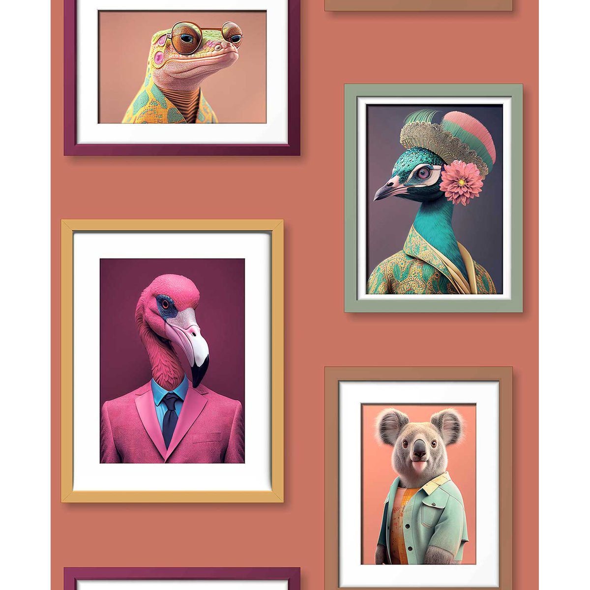 Papier peint cadres animaux fond terracotta multicolore, HEXOA