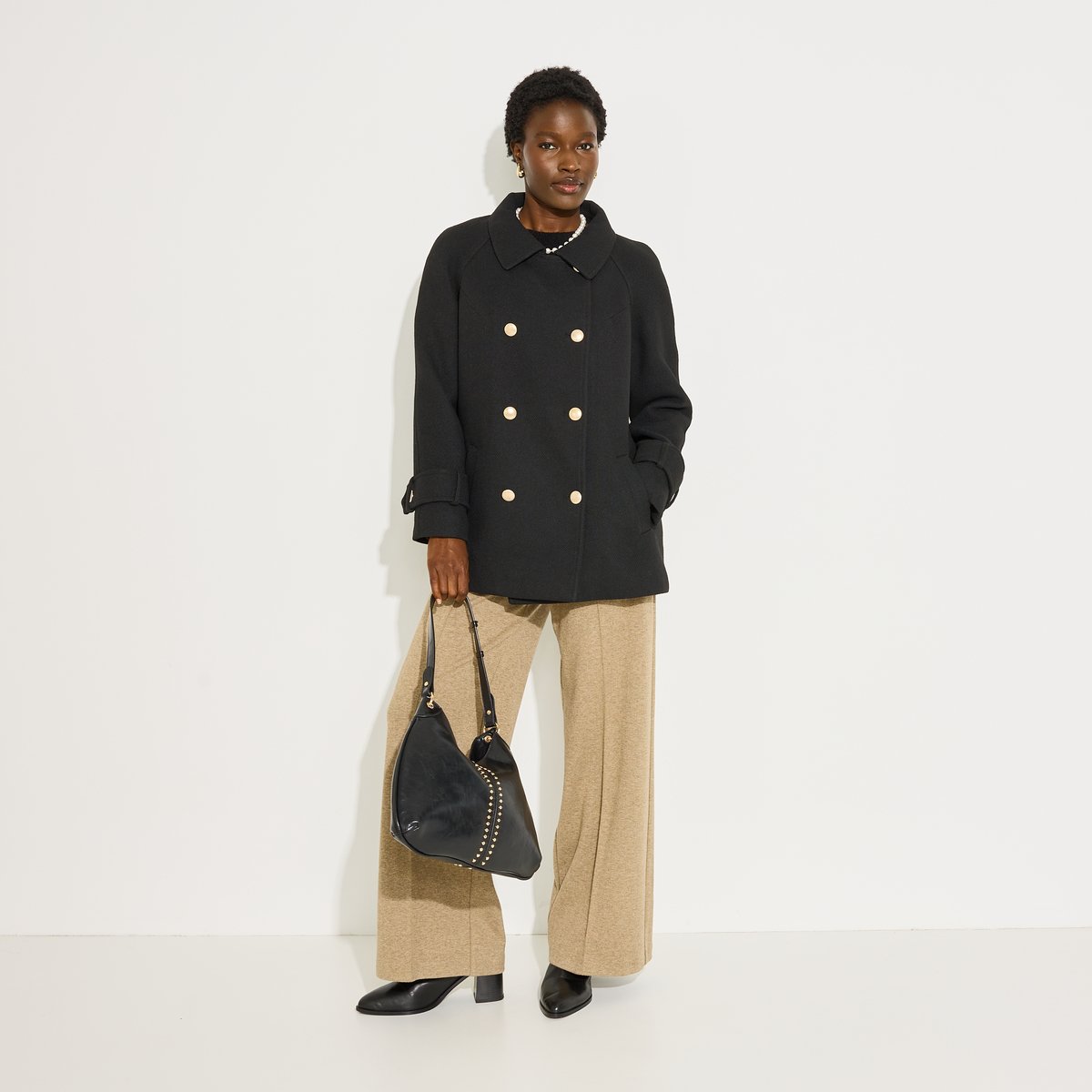 Manteau court droit caban boutonné noir, GRAIN DE MALICE