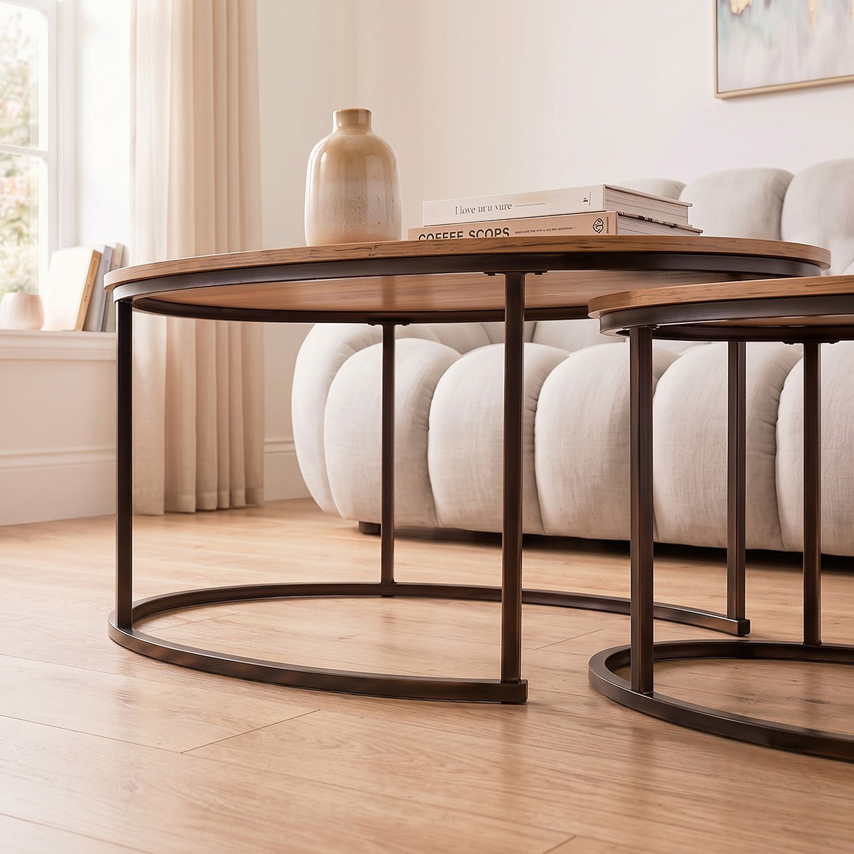 Lot de 2 tables basses gigognes ovales LENNY bois clair, CALICOSY