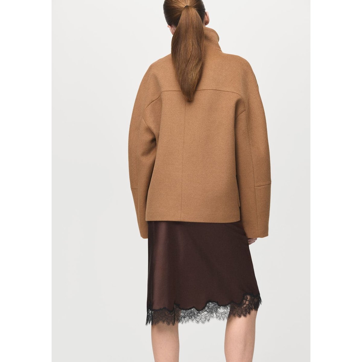 Manteau laine mélangée col cheminée marron moyen, MANGO