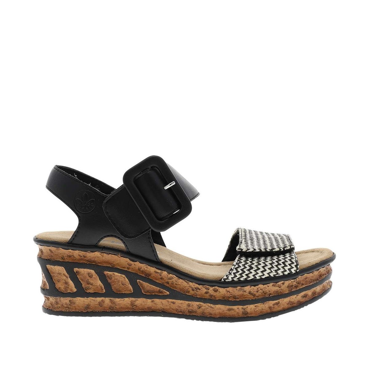 Nu-pieds noirs à semelle compensée haute et à boucle à ardillon noir, RIEKER