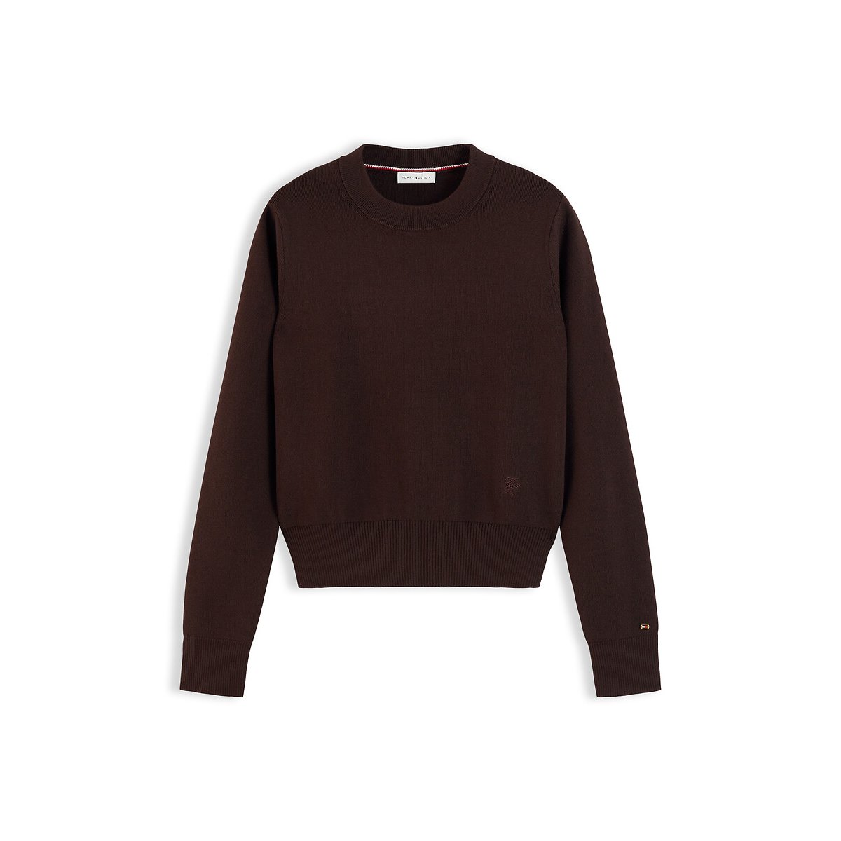 Jersey de cuello redondo y manga larga de algodón chocolate, TOMMY HILFIGER