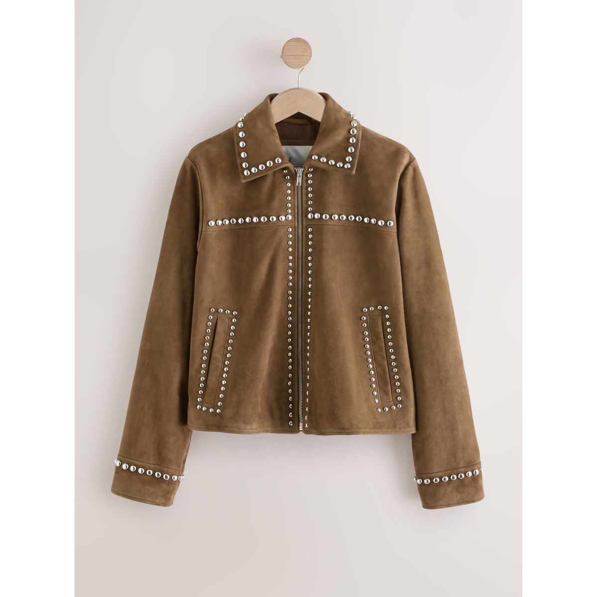 Veste zippée cloutée en daim véritable marron fauve, NEXT