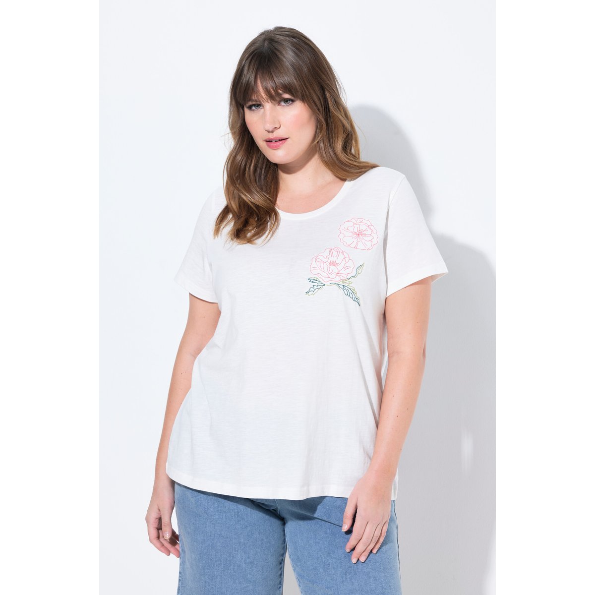 T-shirt, broderie coquelicot, col rond blanc cassé, ULLA POPKEN