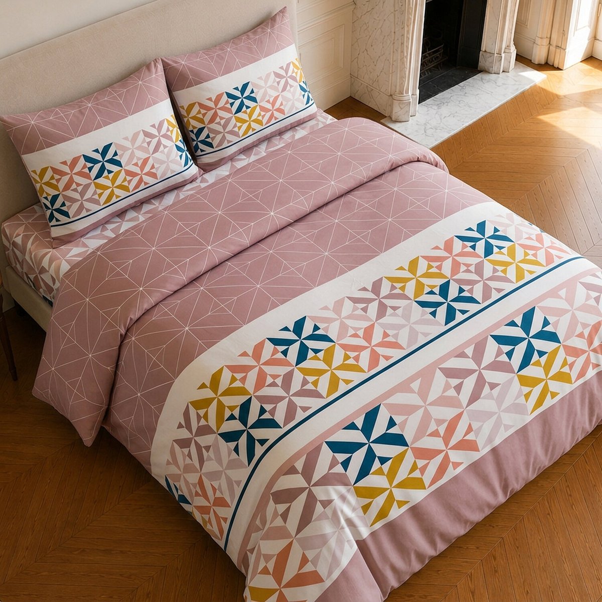 Parure de lit en coton motif géométrique, BLUEBERRY rouge, C DESIGN HOME TEXTILE