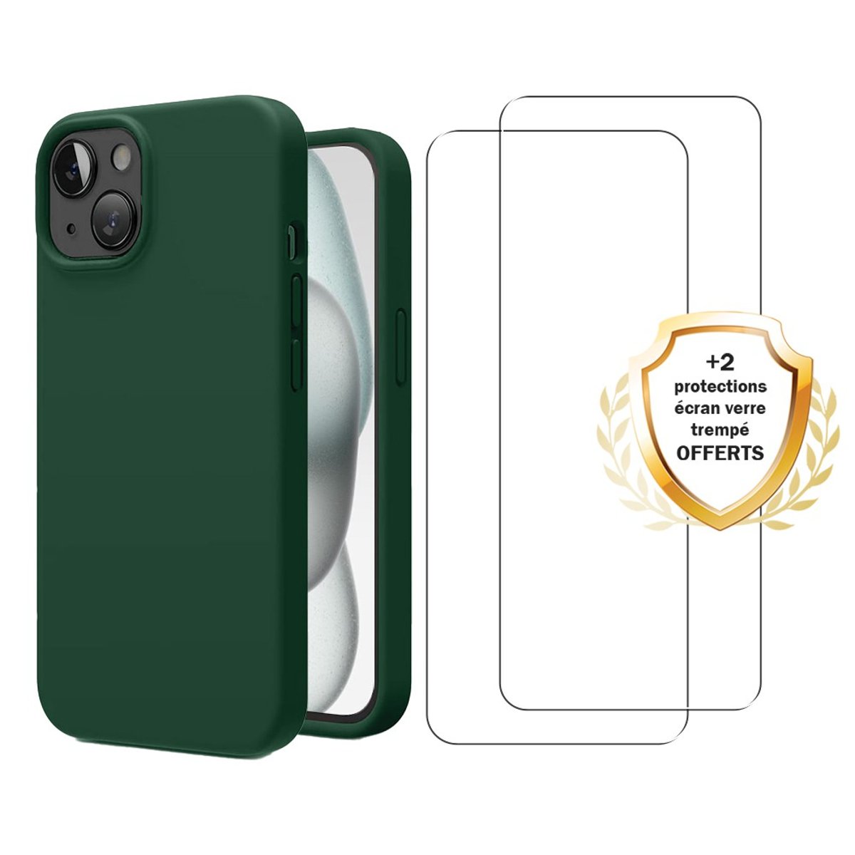 Coque iPhone 15 antichoc + 2 vitres vert, EVETANE