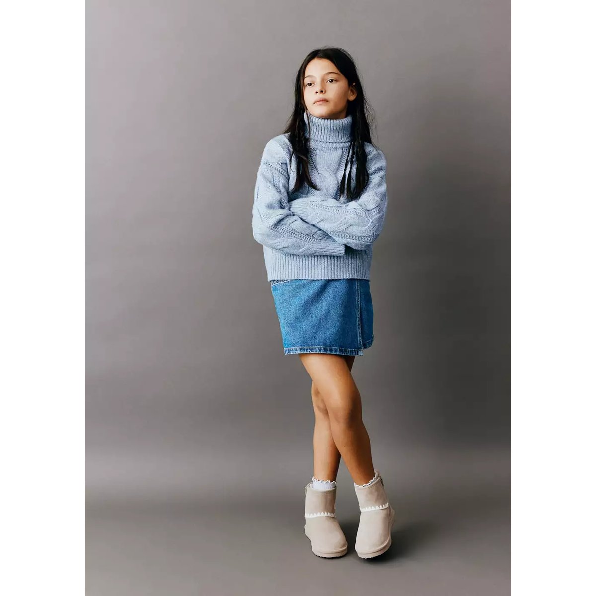 Pull-over maille torsadée col montant bleu ciel, MANGO KIDS