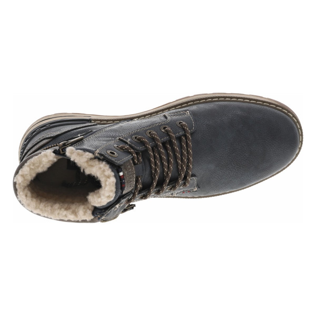 Bottines bleu marine à talon plat avec un zip et des lacets ronds bleu marine, MUSTANG