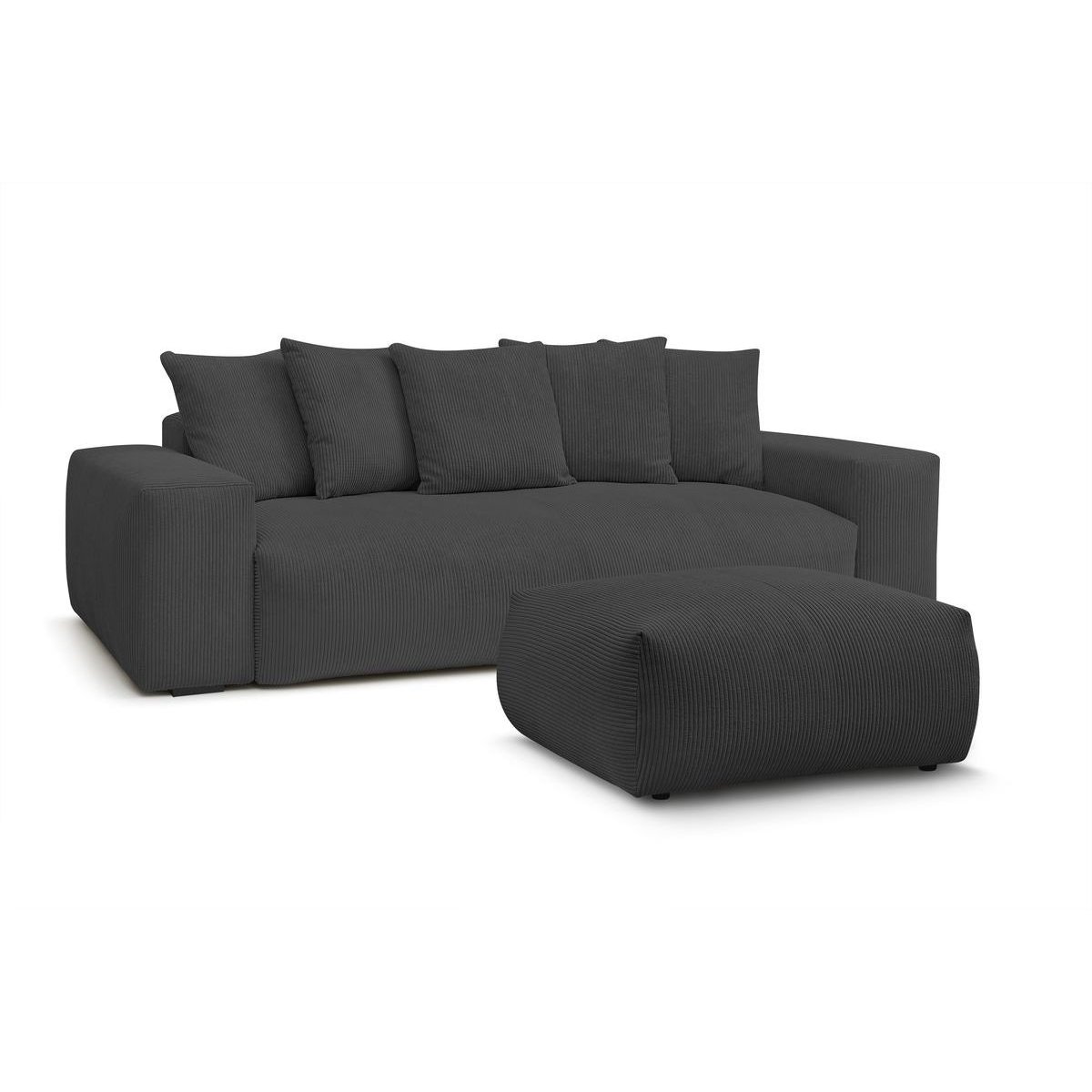 Canapé droit convertible 4 places en velours côtelé avec pouf, VOLTAIRE gris foncé, BOBOCHIC