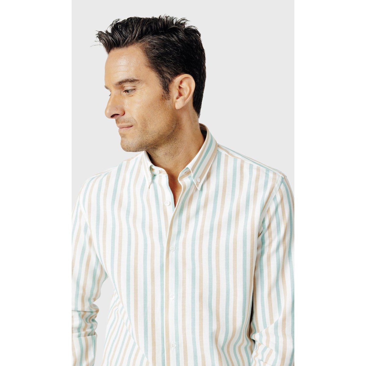 Chemise Slim fit col boutonné en coton lin à rayures vert vert eau, ACROSS