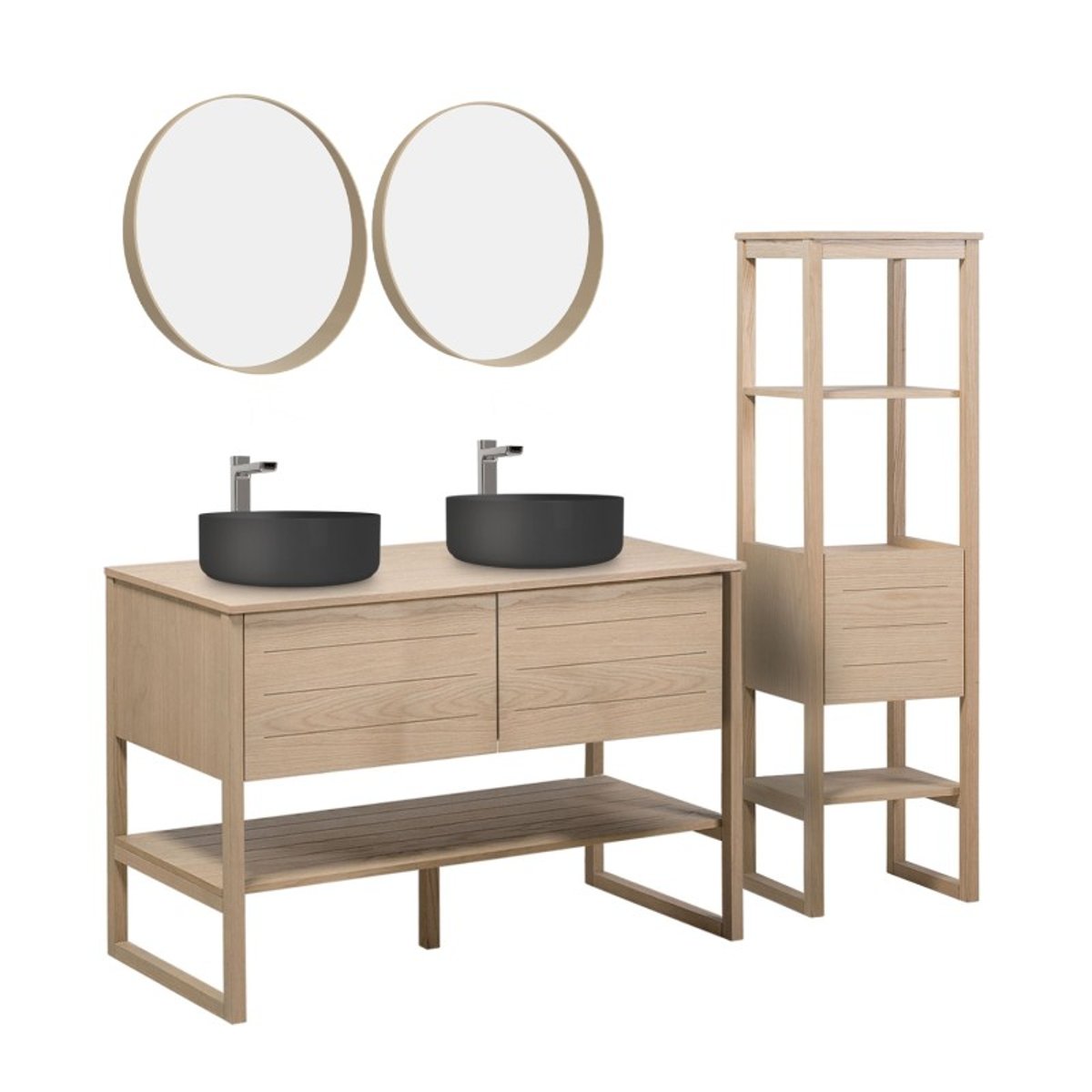 Meuble double 120cm chêne vasques noires robinets miroirs colonne ATOLL v002233, MOB IN