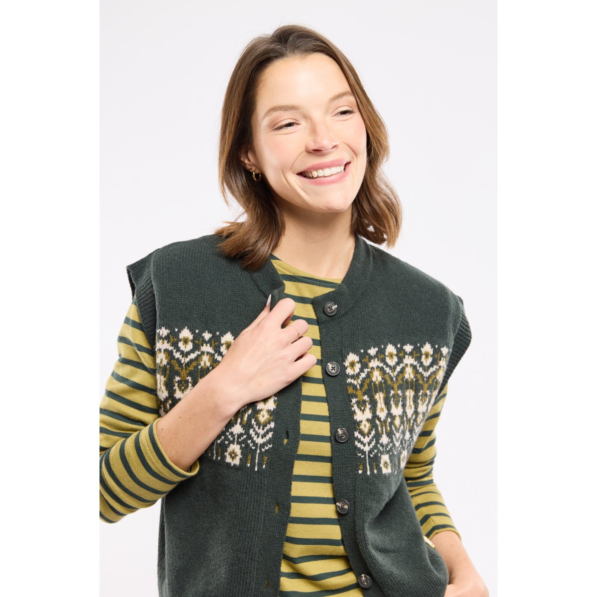 Cardigan sans manche - laine jacquard fleurs otranto, ARMOR-LUX