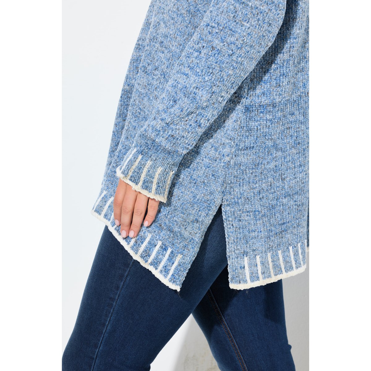 Pull poncho en maille chenille, oversized bleu pigeon, ULLA POPKEN