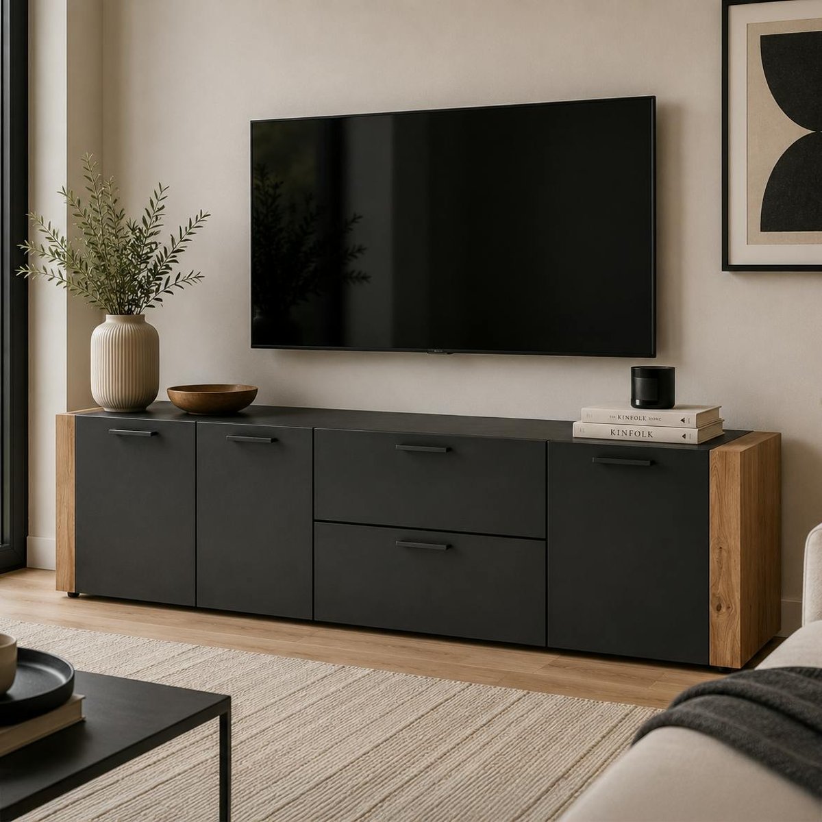 Long meuble TV gris foncé 3 portes 2 tiroirs ALVA bois naturel, PIER IMPORT