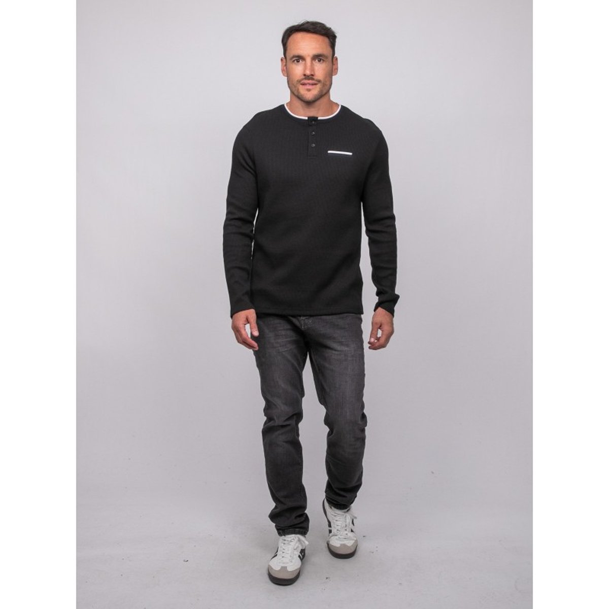 T Shirt Manches Longues Gaufré Col Tunisien Coton Jotendo noir, RITCHIE