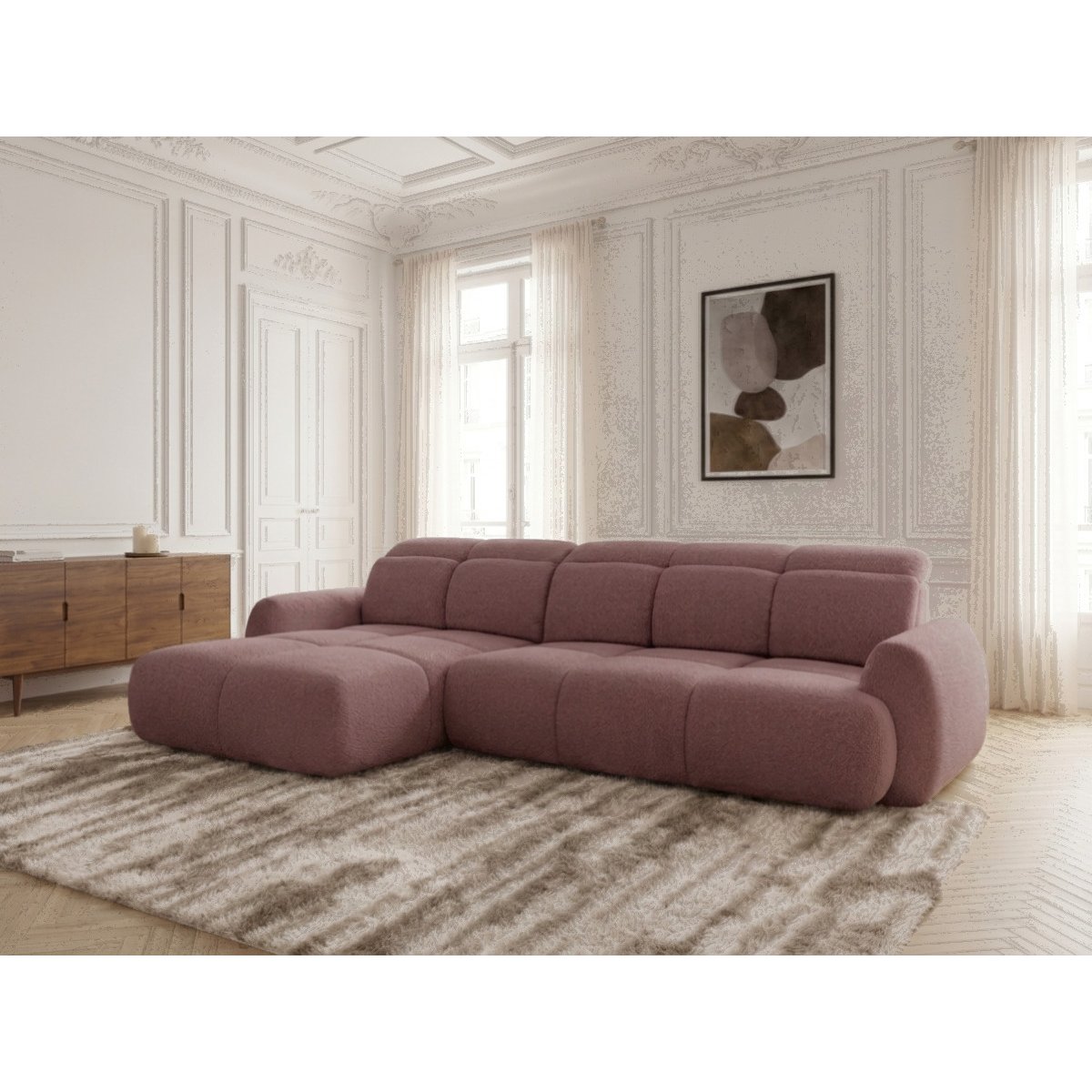 Canapé d'angle convertible 3 places en tissu chenille, RUBY rouge, BOBOCHIC
