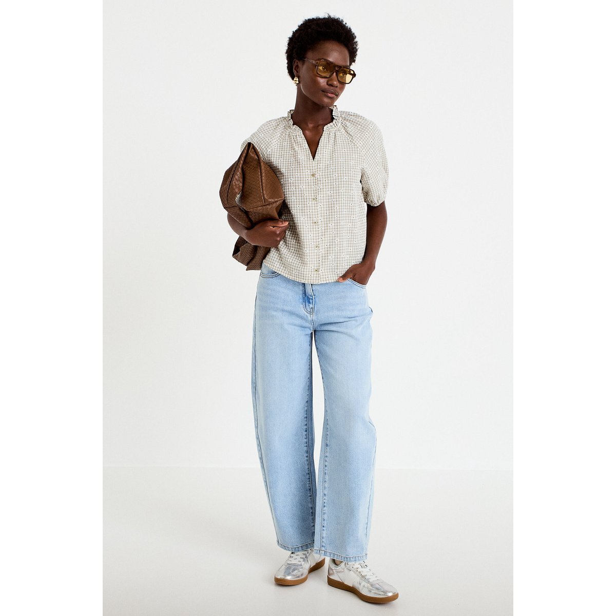Blouse droite col v manches courtes gris, CACHE CACHE