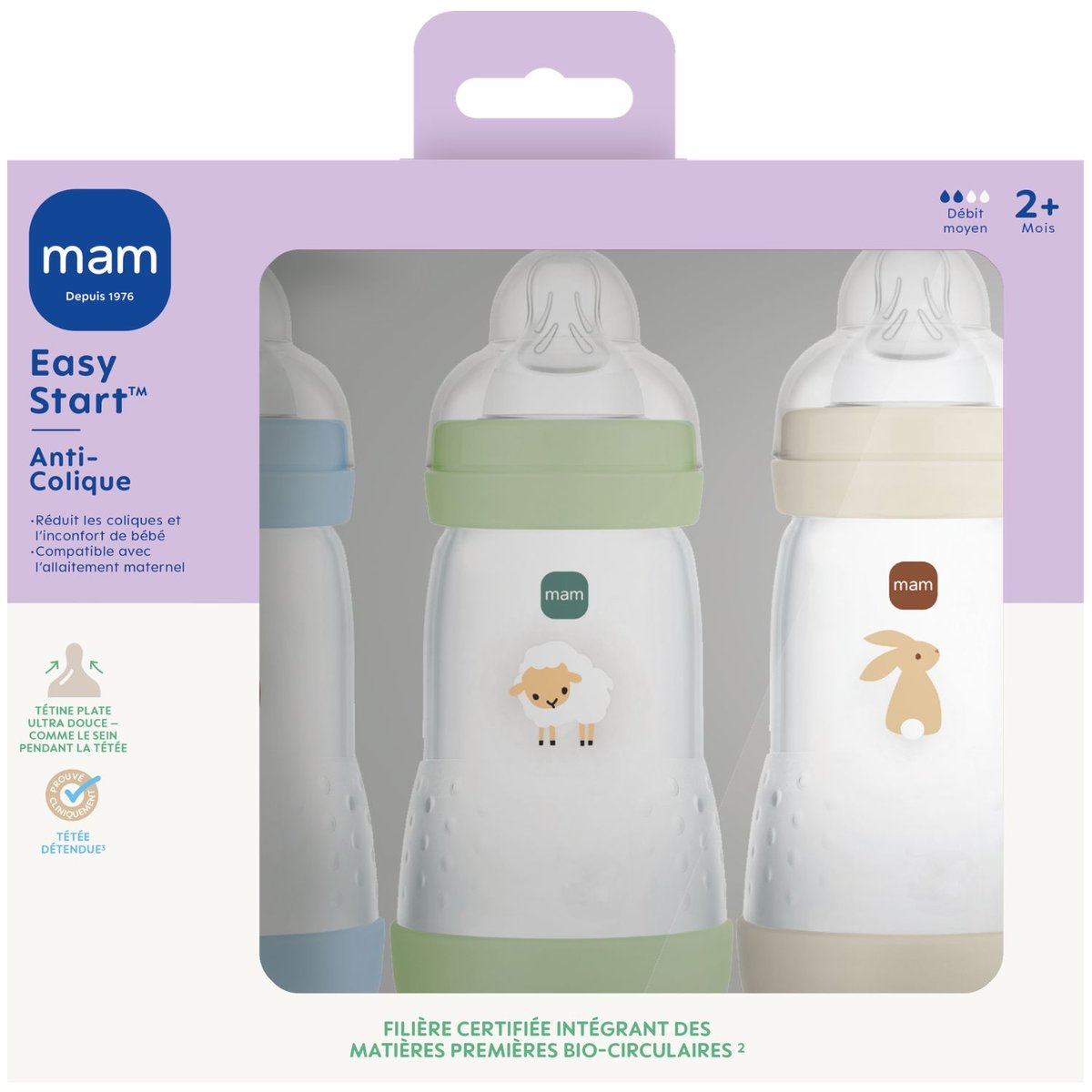 Lot de 3 biberons bleu, vert, beige, MAM