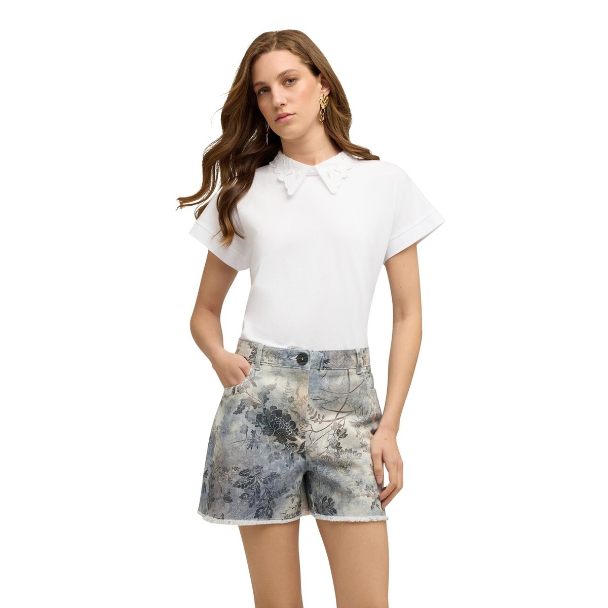 T-shirt avec col brodé blanc, MOTIVI