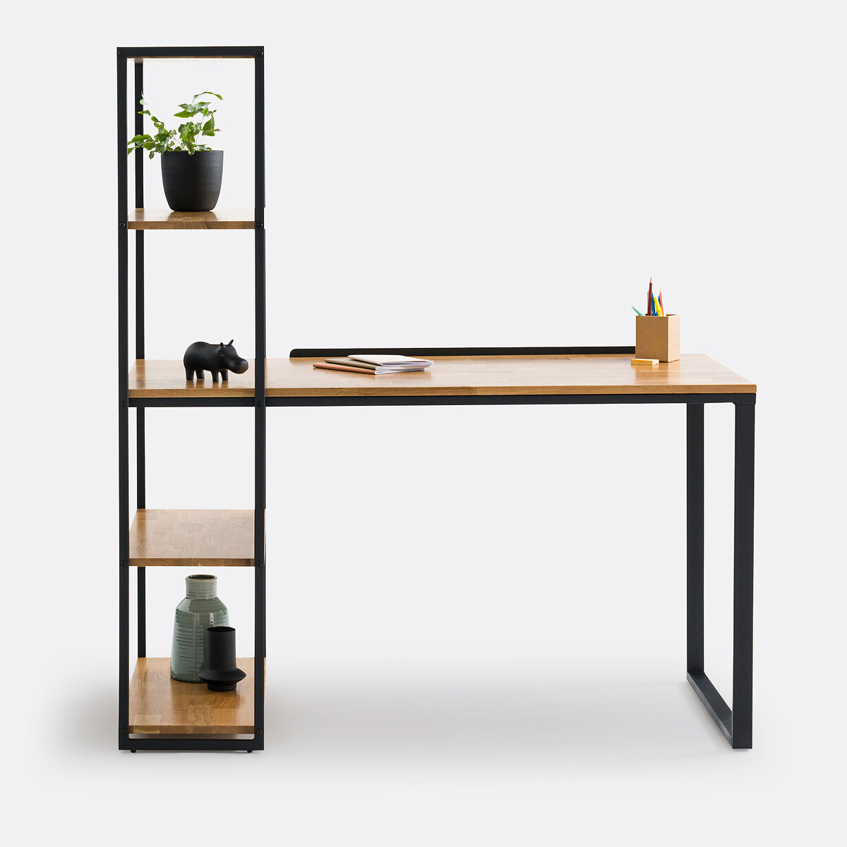 Bureau-bibliothèque chêne et métal acier, Hiba chêne/noir, LA REDOUTE INTERIEURS