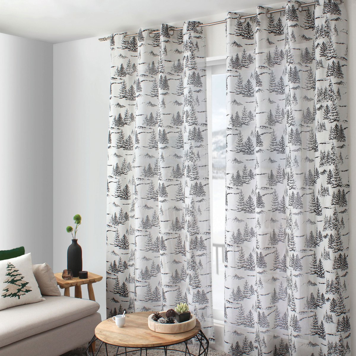 Rideau imprimé montagne en coton recyclé gris anthracite, HOME MAISON