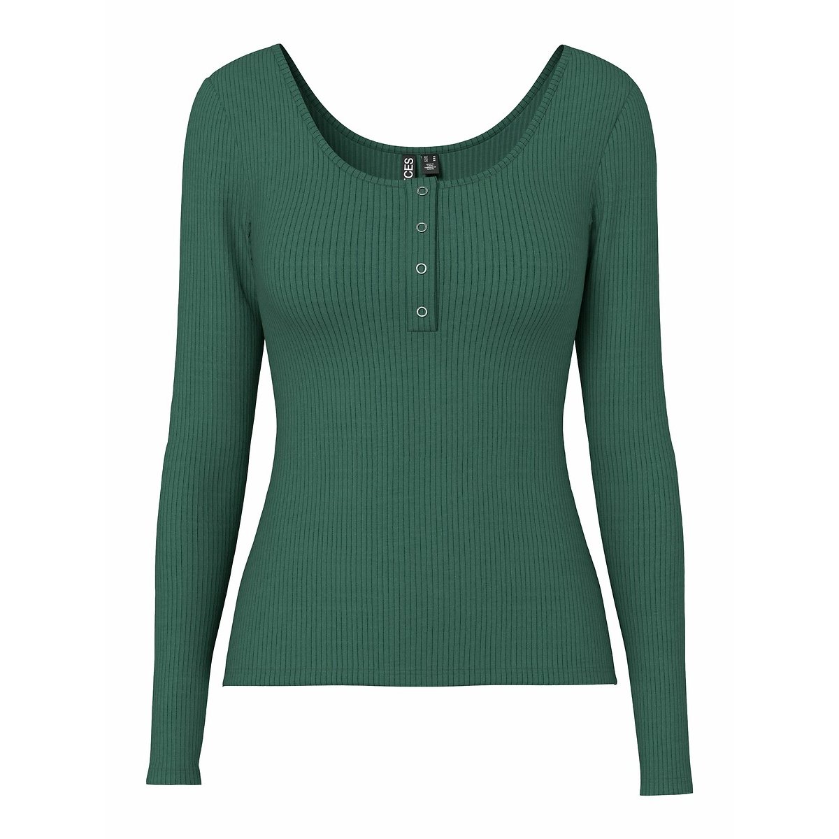 T-shirt met lange mouwen, geribbeld effect donkergroen, PIECES