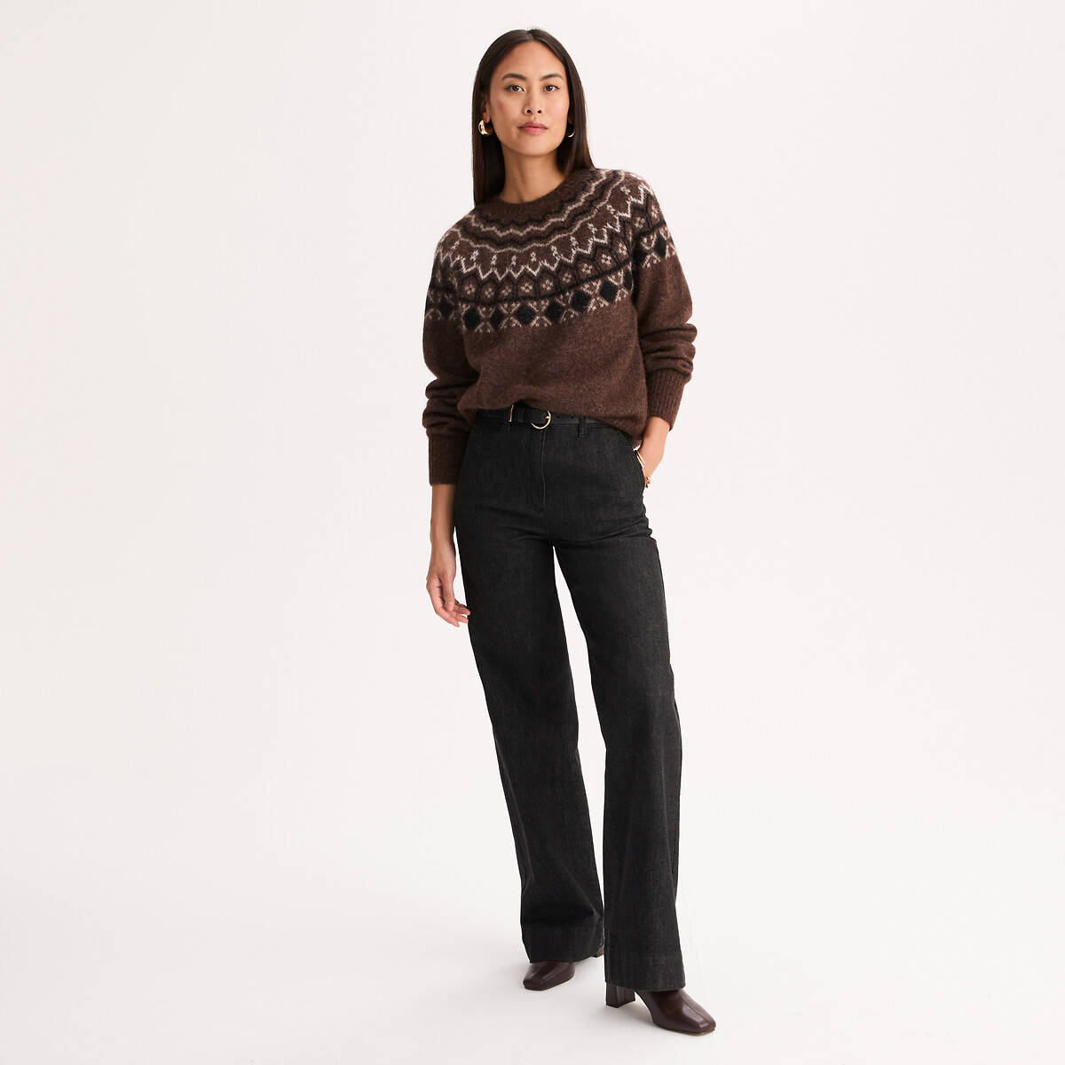 Pull jacquard à col rond, en alpaga mélangé jacquard beige, ANNE WEYBURN