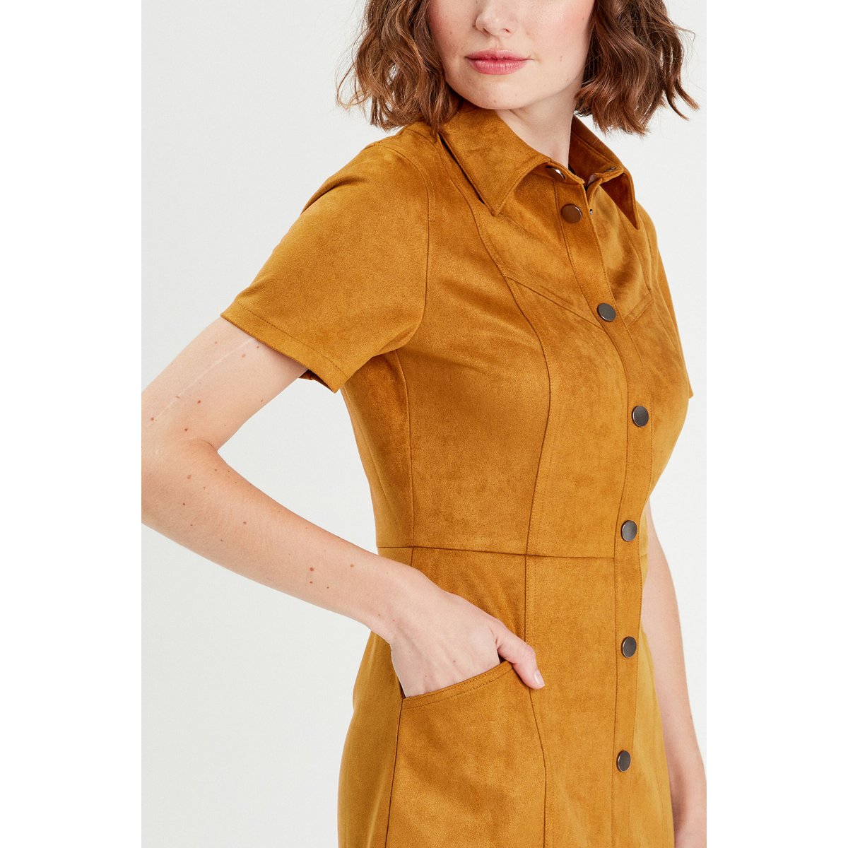 Robe droite boutonnée suédine camel, CACHE CACHE