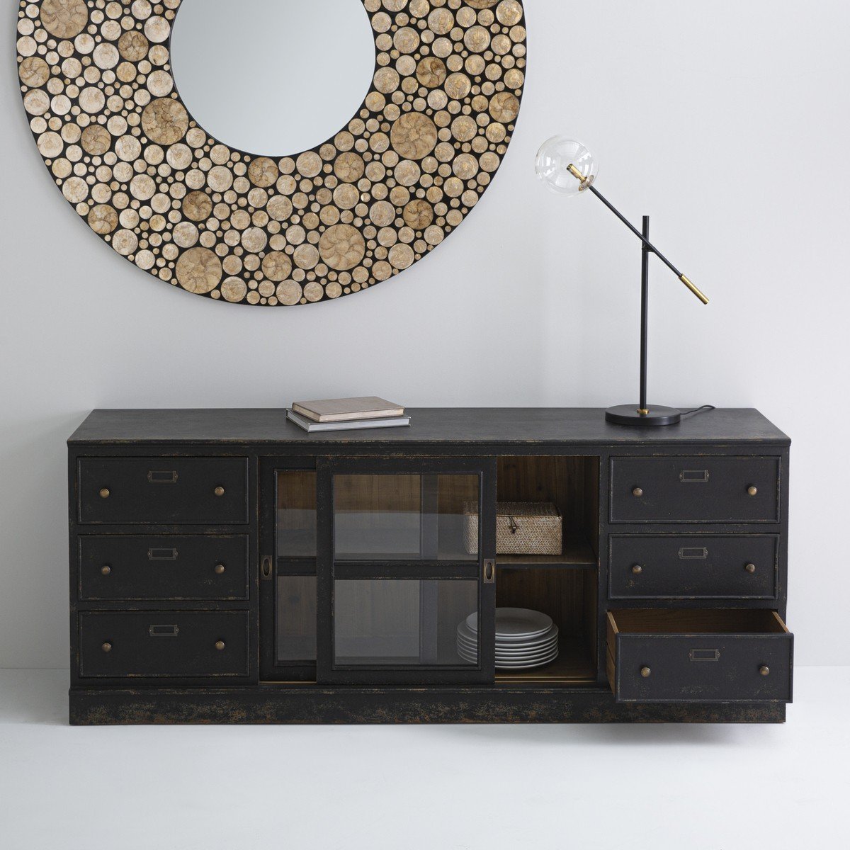 Buffet en bois massif et verre L280 cm - AMSTERDAM noir, SIGNATURE