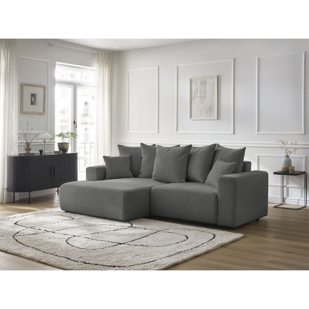 Canapé d'angle convertible 3 places en tissu chiné, ATILLA gris foncé, BOBOCHIC