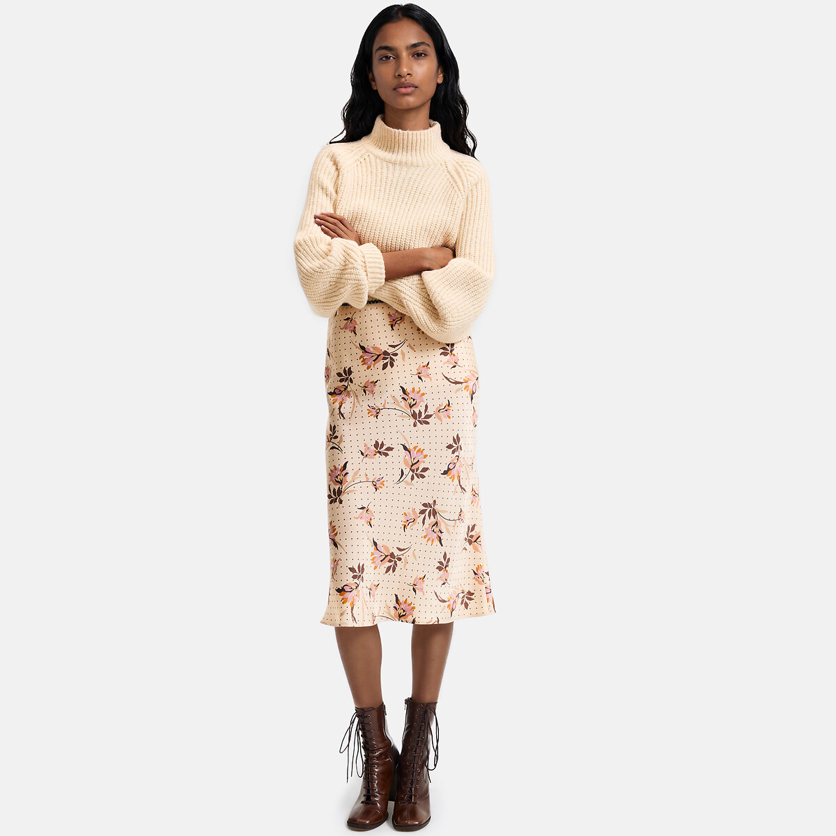 Jupe midi évasée, imprimé floral imprimé fleur rose, LA REDOUTE COLLECTIONS