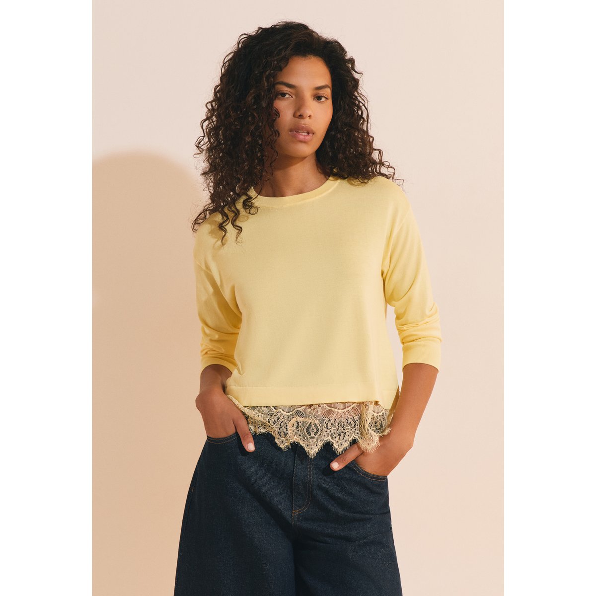 Pull avec coton et détails dentelle SOLINE jaune pale, ETAM