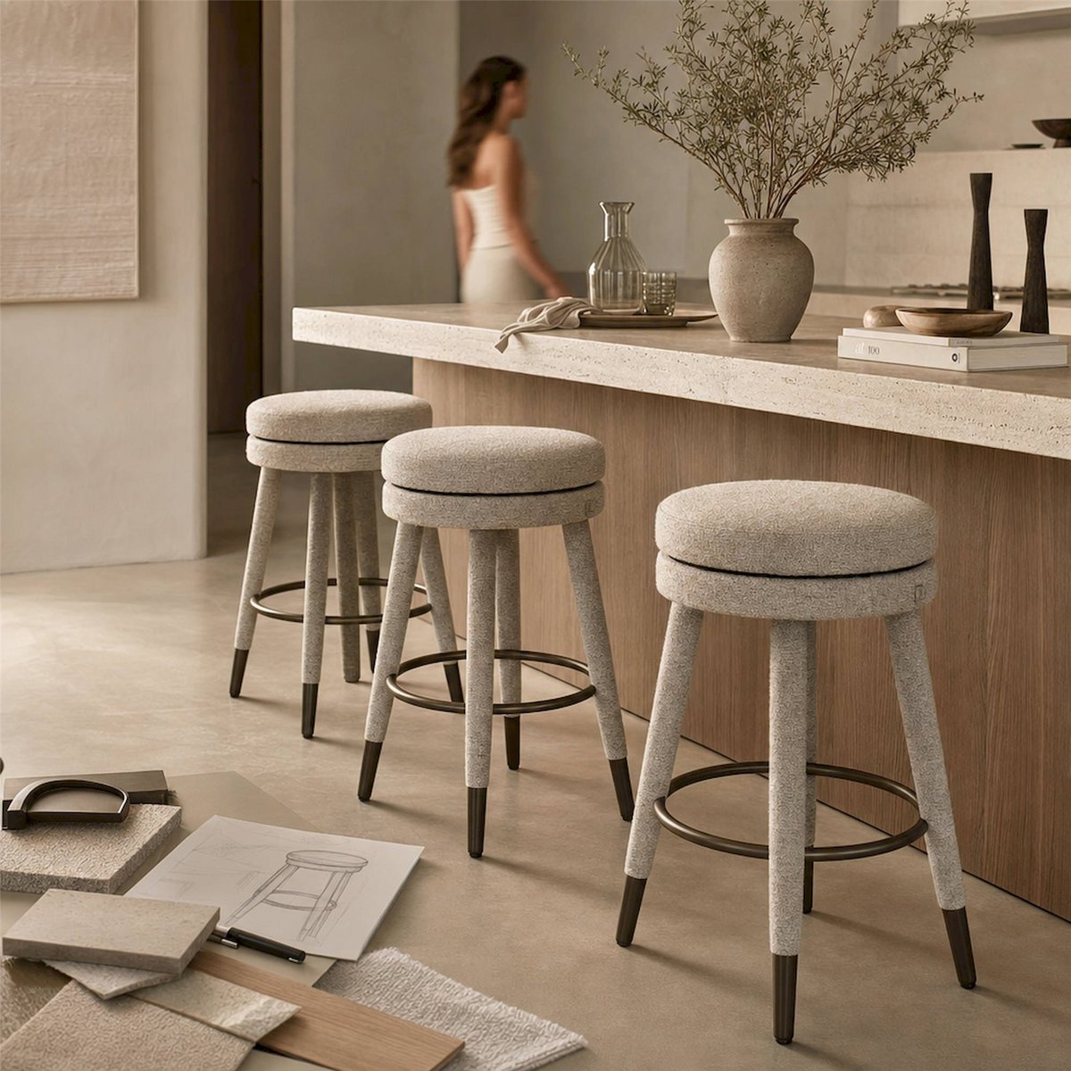 Tabouret de comptoir pivotant tissu tressé naturel, RECOLLECTION
