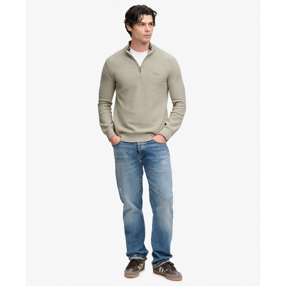 Pull Half-Zip Honeycomb Coupe Ajustée gris chiné clair, SUPERDRY