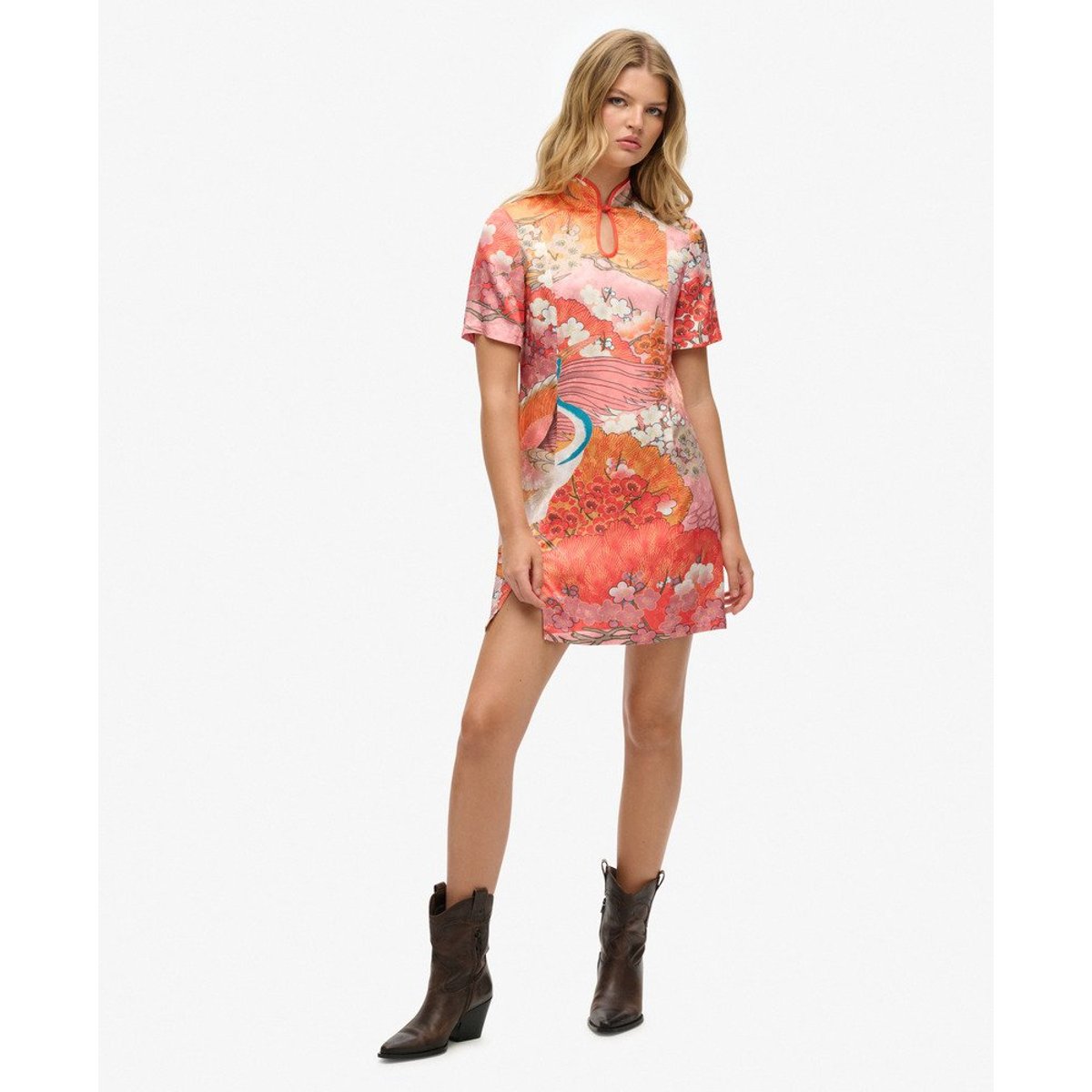 Robe courte en jacquard à col Mao corail kam, SUPERDRY