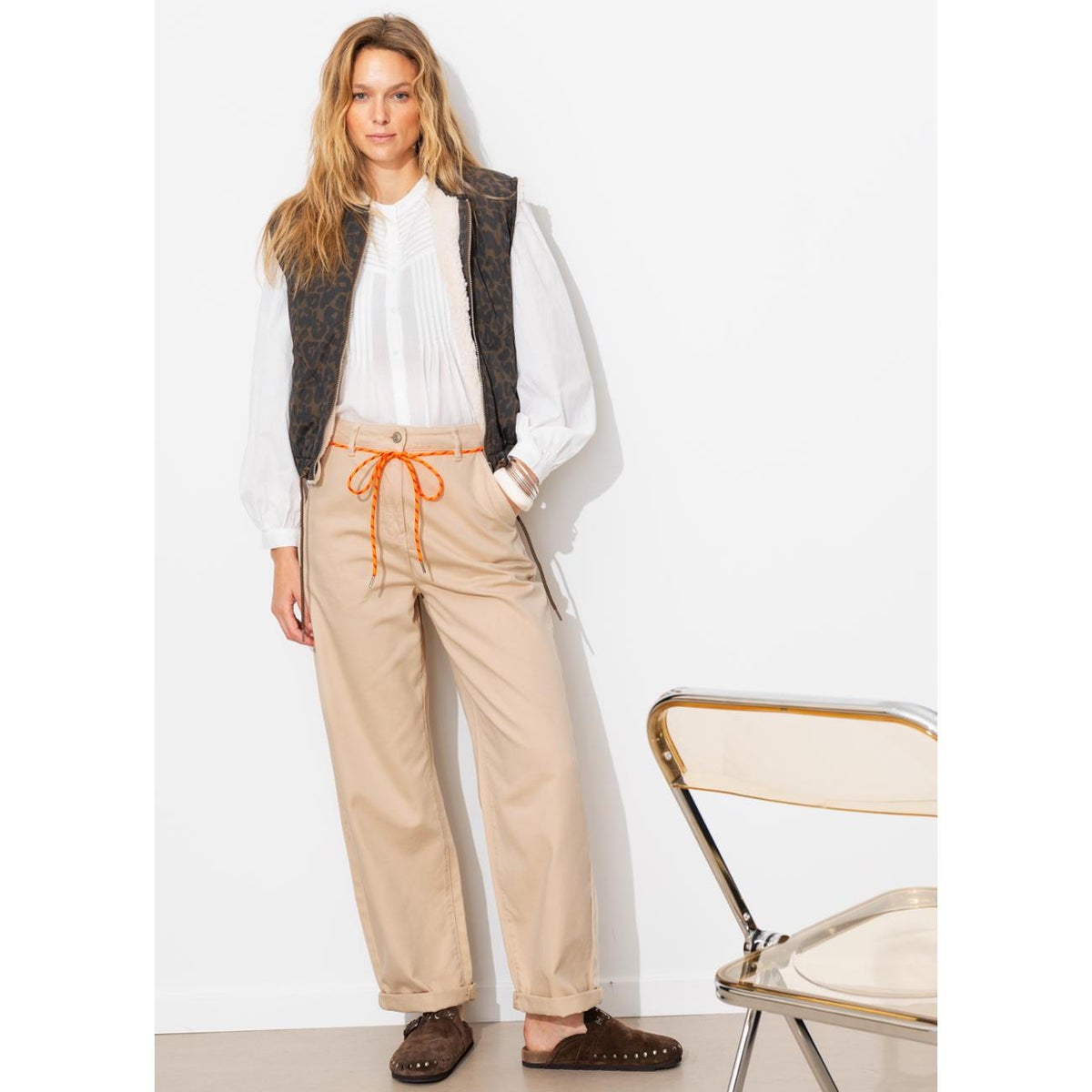 Pantalon chino taille haute ecru, PROMOD