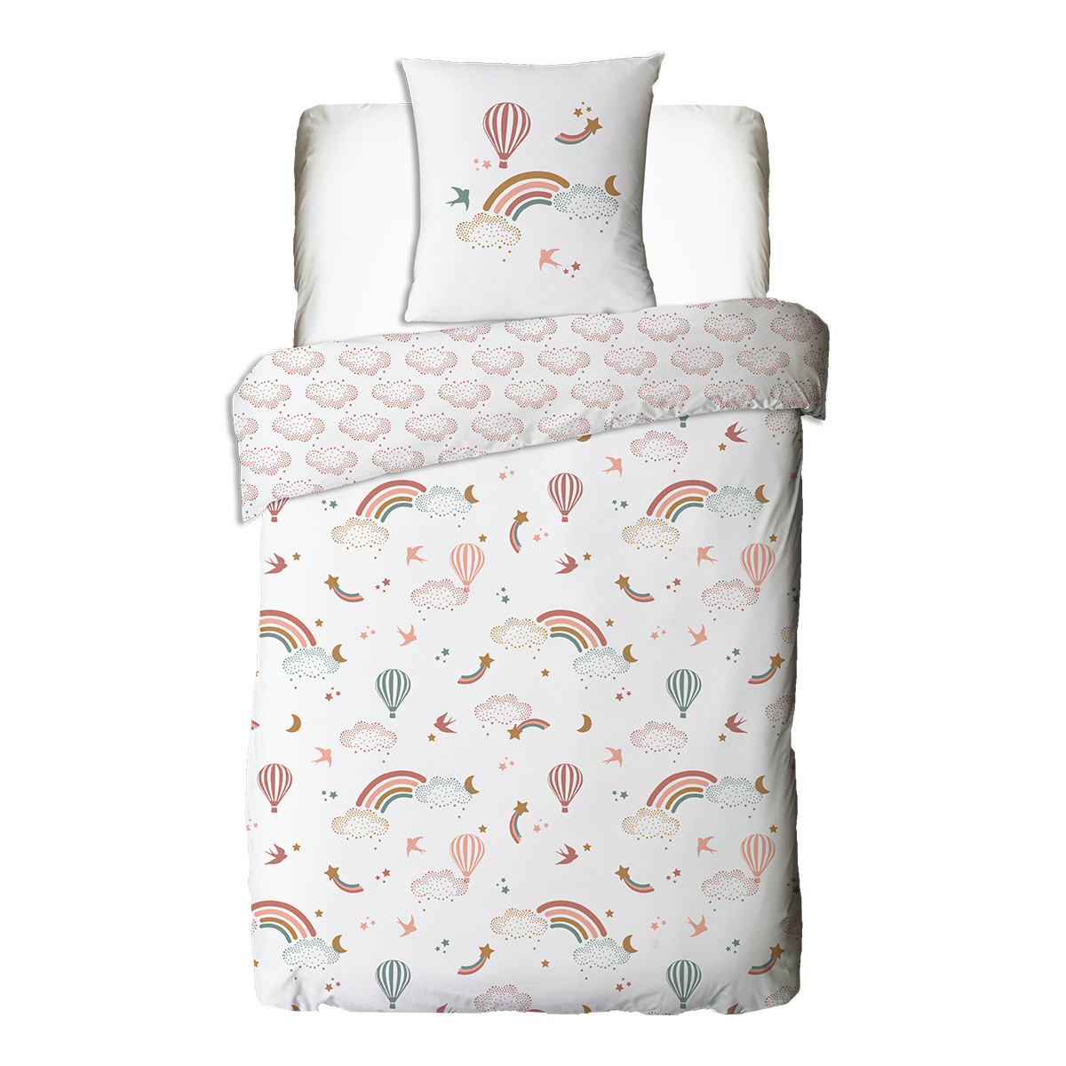 Parure de lit enfant en coton imprimé arc-en-ciel CELESTE blanc, FUTURE HOME