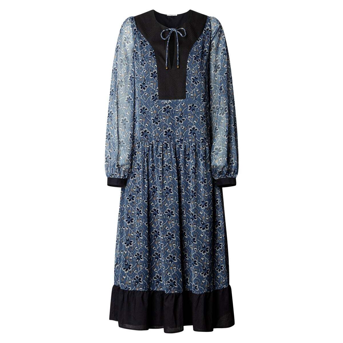 Robe Longue En Chiffon À Imprimé Floral bleu acier, PEPE JEANS