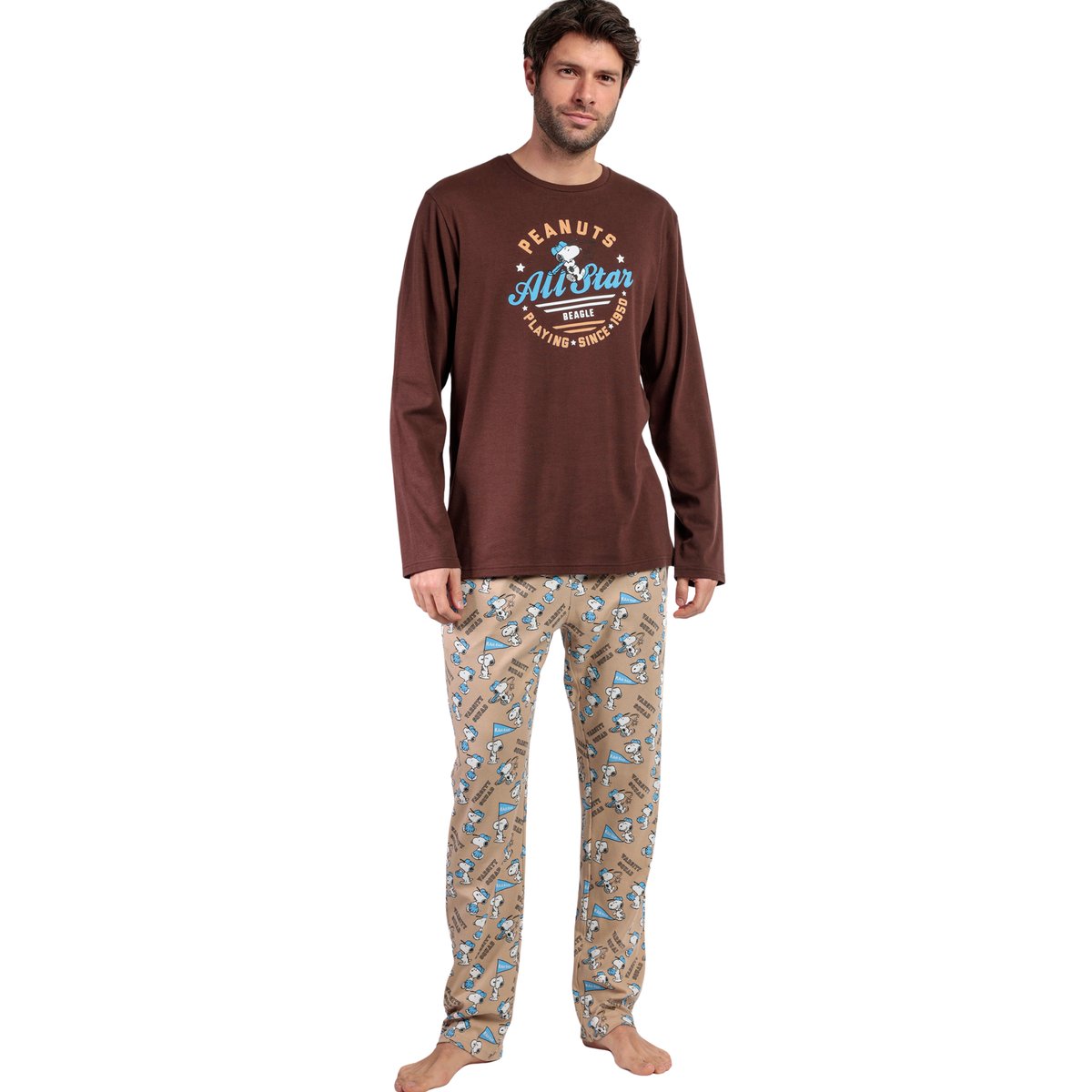 Pyjama pantalon top manches longues Varsity Squad Peanuts chocolat, ADMAS
