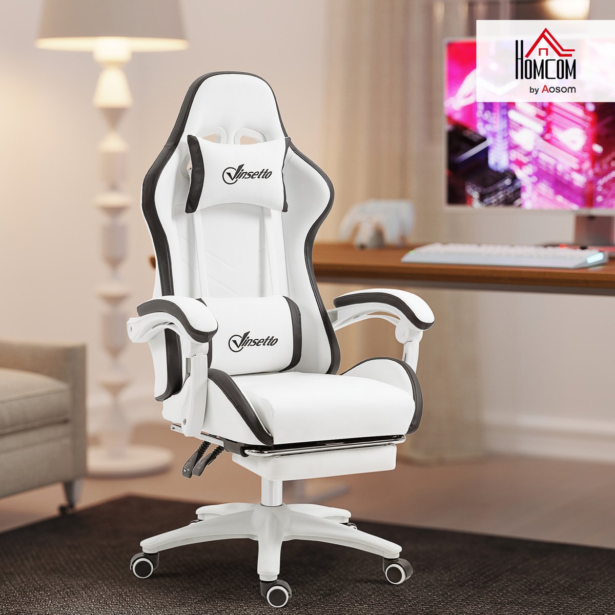Fauteuil gaming Revêtement synthétique Noir noir et blanc, HOMCOM